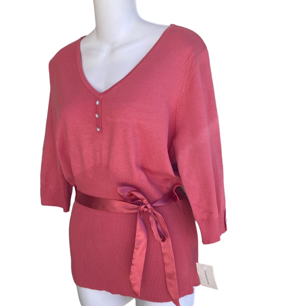 John Paul Richard Salmon Sweater Top 3/4 Sleeve Ribbon Belt Tie Large Ladies